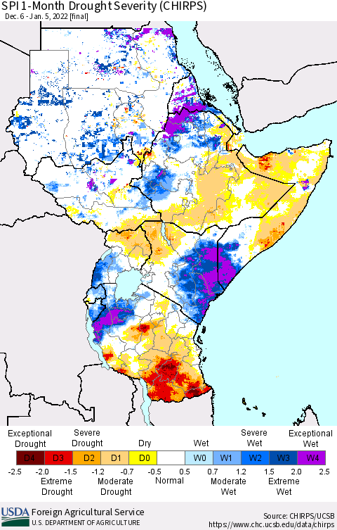 Eastern Africa SPI 1-Month Drought Severity (CHIRPS) Thematic Map For 12/6/2021 - 1/5/2022