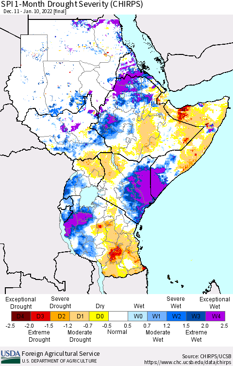 Eastern Africa SPI 1-Month Drought Severity (CHIRPS) Thematic Map For 12/11/2021 - 1/10/2022