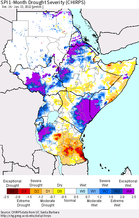 Eastern Africa SPI 1-Month Drought Severity (CHIRPS) Thematic Map For 12/16/2021 - 1/15/2022