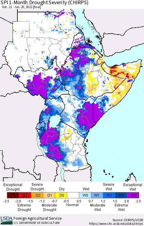 Eastern Africa SPI 1-Month Drought Severity (CHIRPS) Thematic Map For 12/21/2021 - 1/20/2022