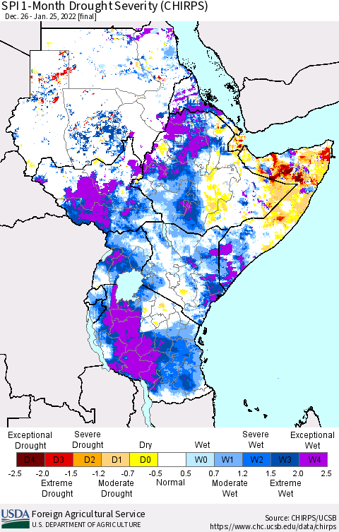Eastern Africa SPI 1-Month Drought Severity (CHIRPS) Thematic Map For 12/26/2021 - 1/25/2022