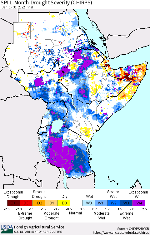 Eastern Africa SPI 1-Month Drought Severity (CHIRPS) Thematic Map For 1/1/2022 - 1/31/2022