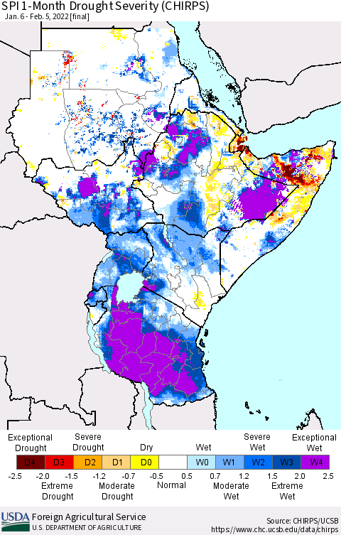 Eastern Africa SPI 1-Month Drought Severity (CHIRPS) Thematic Map For 1/6/2022 - 2/5/2022