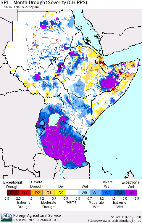 Eastern Africa SPI 1-Month Drought Severity (CHIRPS) Thematic Map For 1/16/2022 - 2/15/2022