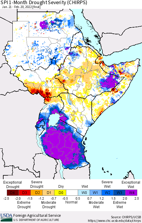 Eastern Africa SPI 1-Month Drought Severity (CHIRPS) Thematic Map For 1/21/2022 - 2/20/2022