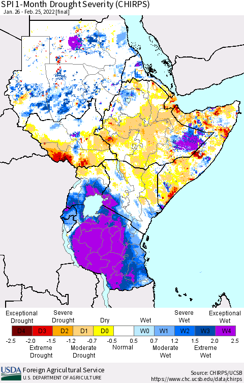 Eastern Africa SPI 1-Month Drought Severity (CHIRPS) Thematic Map For 1/26/2022 - 2/25/2022