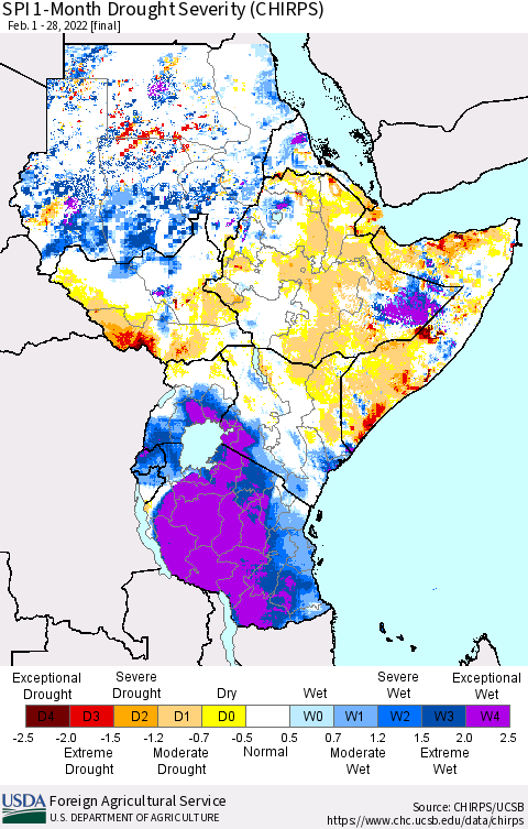 Eastern Africa SPI 1-Month Drought Severity (CHIRPS) Thematic Map For 2/1/2022 - 2/28/2022