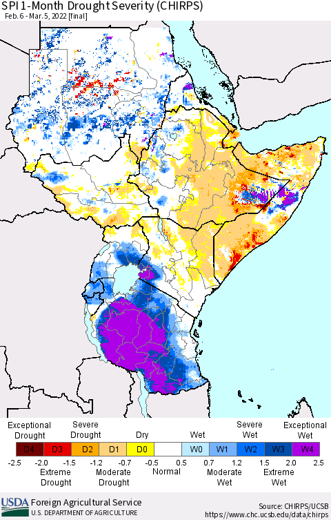 Eastern Africa SPI 1-Month Drought Severity (CHIRPS) Thematic Map For 2/6/2022 - 3/5/2022