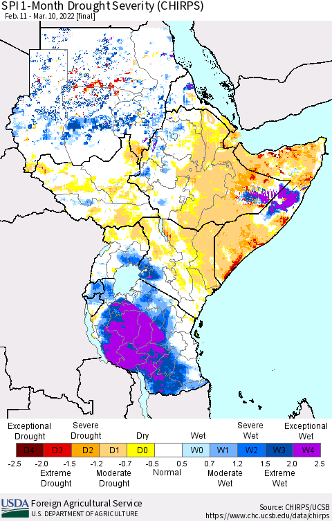 Eastern Africa SPI 1-Month Drought Severity (CHIRPS) Thematic Map For 2/11/2022 - 3/10/2022