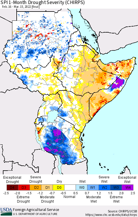 Eastern Africa SPI 1-Month Drought Severity (CHIRPS) Thematic Map For 2/16/2022 - 3/15/2022