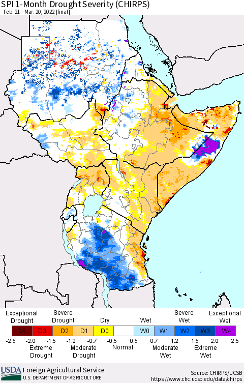 Eastern Africa SPI 1-Month Drought Severity (CHIRPS) Thematic Map For 2/21/2022 - 3/20/2022