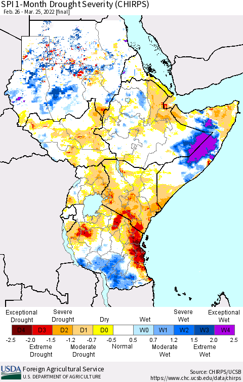 Eastern Africa SPI 1-Month Drought Severity (CHIRPS) Thematic Map For 2/26/2022 - 3/25/2022