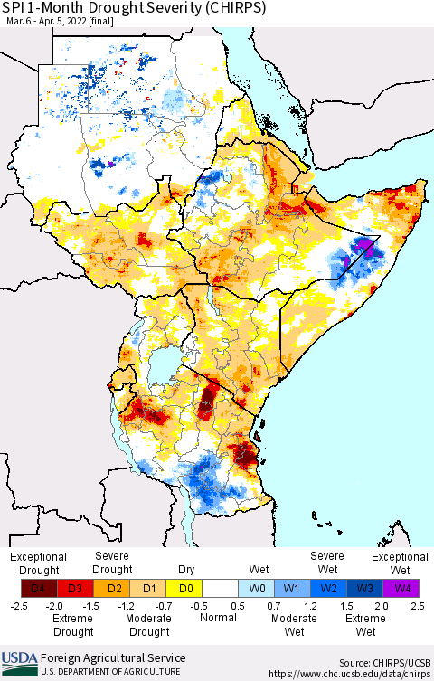 Eastern Africa SPI 1-Month Drought Severity (CHIRPS) Thematic Map For 3/6/2022 - 4/5/2022