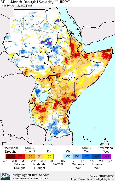 Eastern Africa SPI 1-Month Drought Severity (CHIRPS) Thematic Map For 3/16/2022 - 4/15/2022