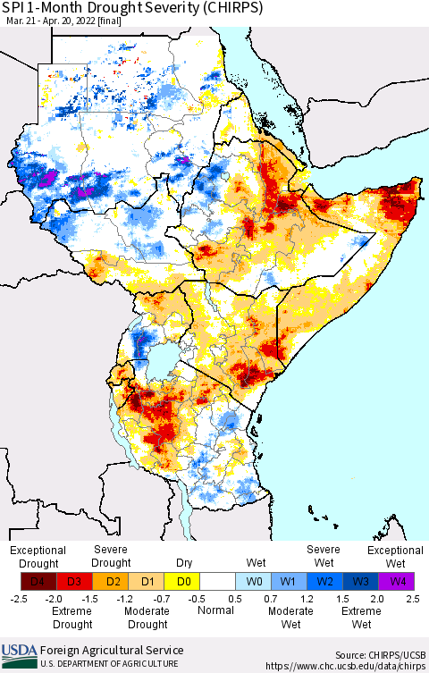 Eastern Africa SPI 1-Month Drought Severity (CHIRPS) Thematic Map For 3/21/2022 - 4/20/2022