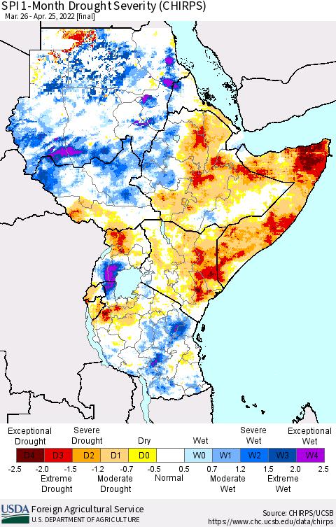 Eastern Africa SPI 1-Month Drought Severity (CHIRPS) Thematic Map For 3/26/2022 - 4/25/2022