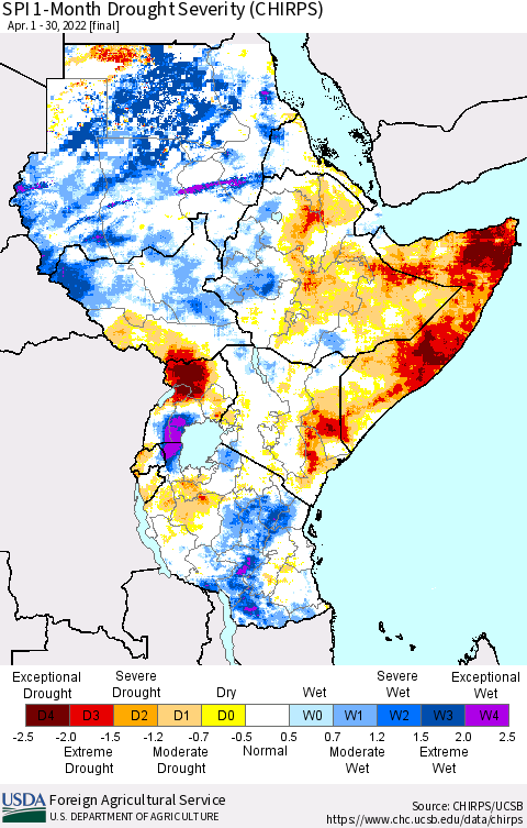Eastern Africa SPI 1-Month Drought Severity (CHIRPS) Thematic Map For 4/1/2022 - 4/30/2022