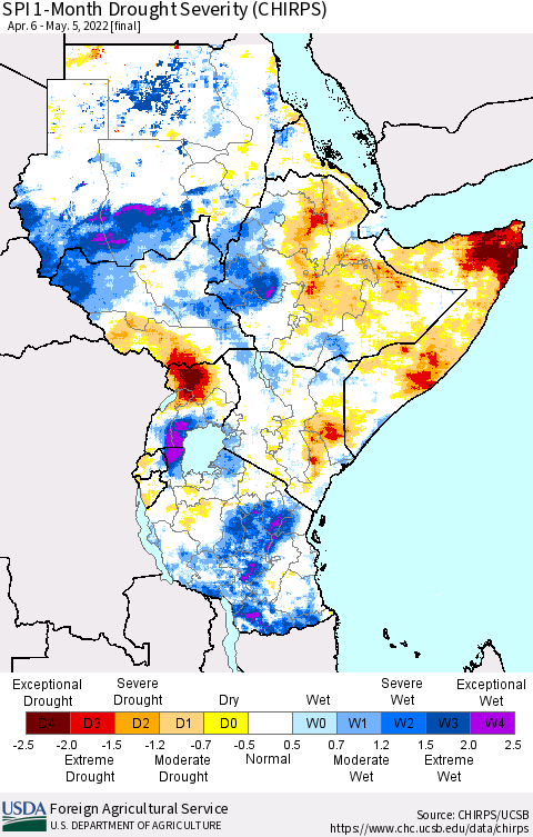 Eastern Africa SPI 1-Month Drought Severity (CHIRPS) Thematic Map For 4/6/2022 - 5/5/2022