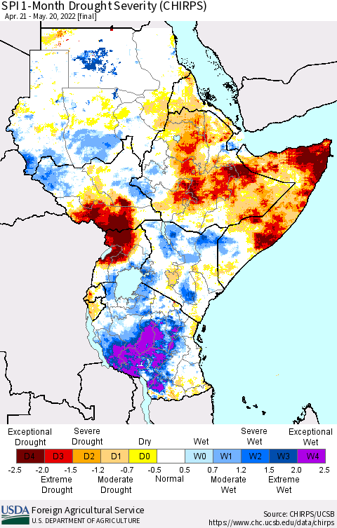 Eastern Africa SPI 1-Month Drought Severity (CHIRPS) Thematic Map For 4/21/2022 - 5/20/2022