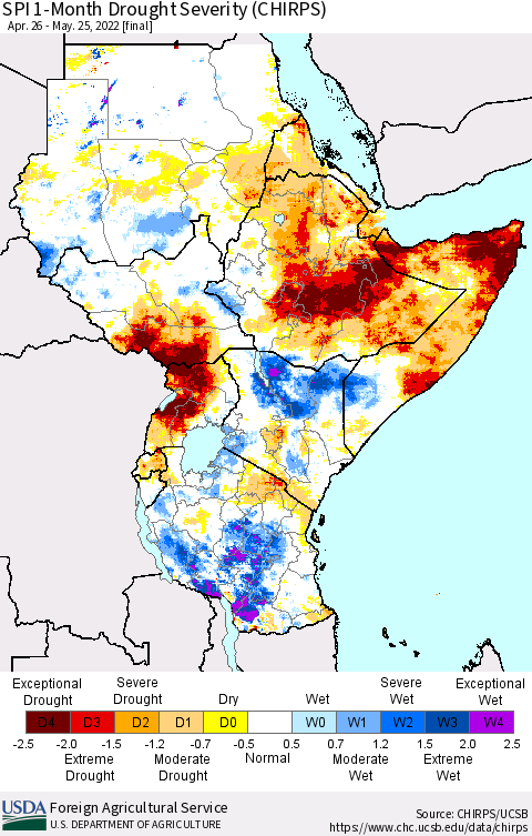 Eastern Africa SPI 1-Month Drought Severity (CHIRPS) Thematic Map For 4/26/2022 - 5/25/2022