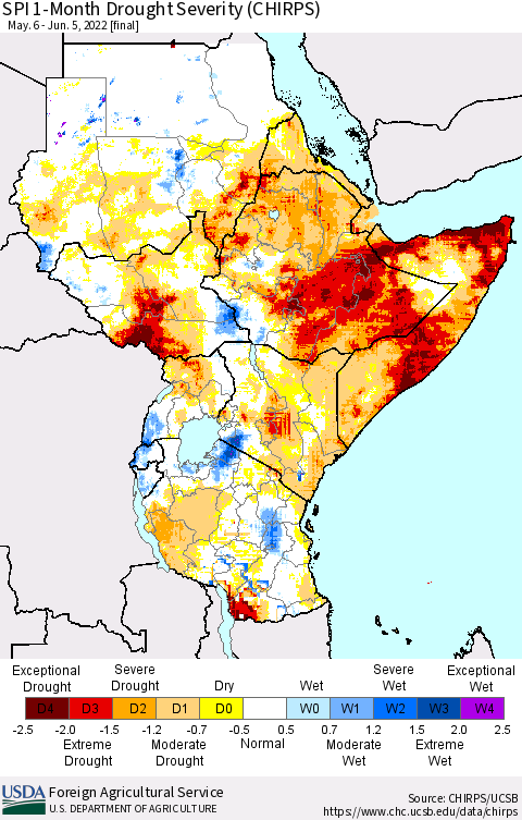 Eastern Africa SPI 1-Month Drought Severity (CHIRPS) Thematic Map For 5/6/2022 - 6/5/2022