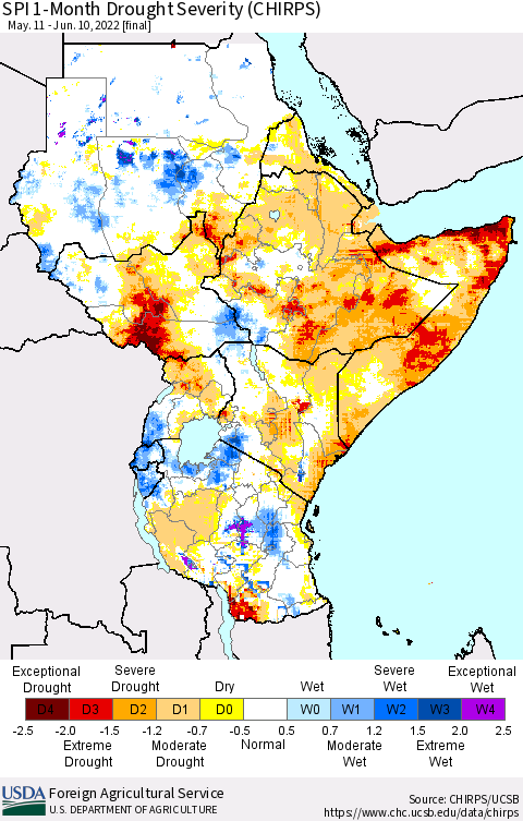 Eastern Africa SPI 1-Month Drought Severity (CHIRPS) Thematic Map For 5/11/2022 - 6/10/2022
