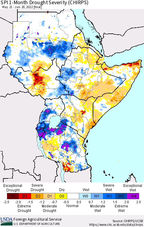 Eastern Africa SPI 1-Month Drought Severity (CHIRPS) Thematic Map For 5/21/2022 - 6/20/2022