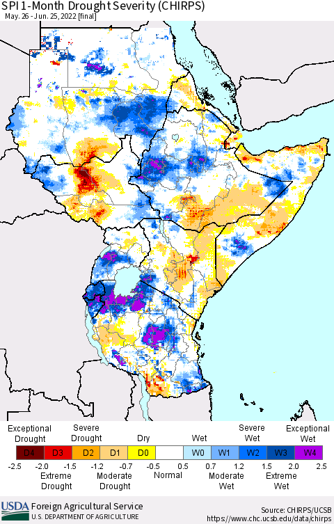 Eastern Africa SPI 1-Month Drought Severity (CHIRPS) Thematic Map For 5/26/2022 - 6/25/2022