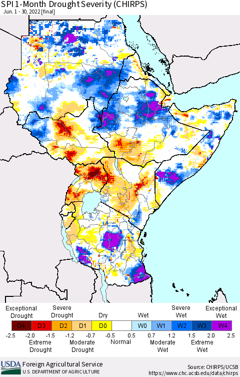 Eastern Africa SPI 1-Month Drought Severity (CHIRPS) Thematic Map For 6/1/2022 - 6/30/2022