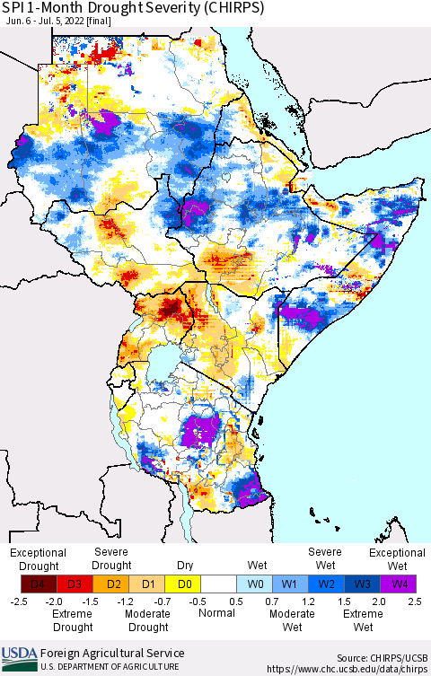 Eastern Africa SPI 1-Month Drought Severity (CHIRPS) Thematic Map For 6/6/2022 - 7/5/2022
