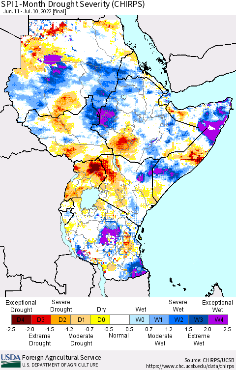 Eastern Africa SPI 1-Month Drought Severity (CHIRPS) Thematic Map For 6/11/2022 - 7/10/2022
