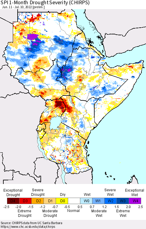Eastern Africa SPI 1-Month Drought Severity (CHIRPS) Thematic Map For 6/11/2022 - 7/10/2022