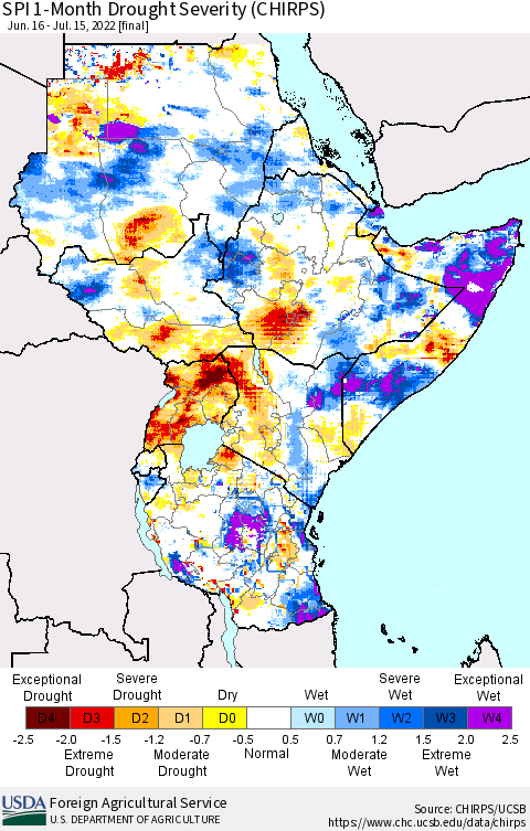 Eastern Africa SPI 1-Month Drought Severity (CHIRPS) Thematic Map For 6/16/2022 - 7/15/2022