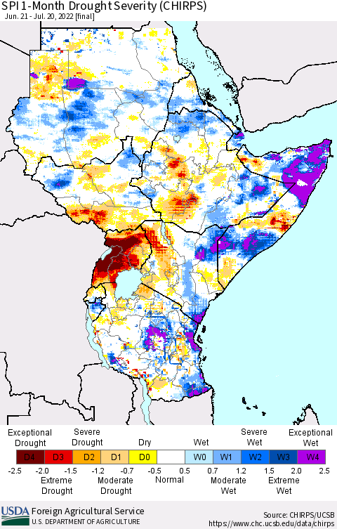 Eastern Africa SPI 1-Month Drought Severity (CHIRPS) Thematic Map For 6/21/2022 - 7/20/2022