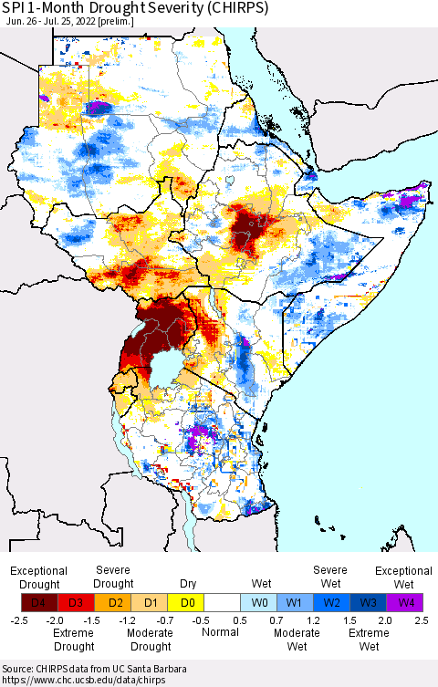 Eastern Africa SPI 1-Month Drought Severity (CHIRPS) Thematic Map For 6/26/2022 - 7/25/2022