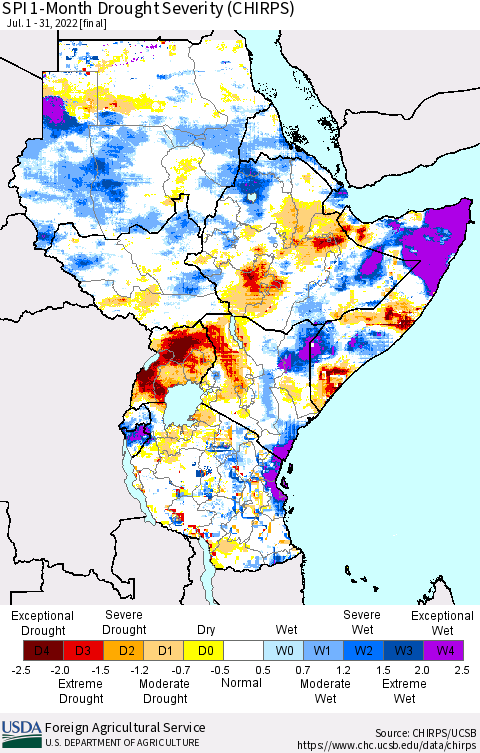 Eastern Africa SPI 1-Month Drought Severity (CHIRPS) Thematic Map For 7/1/2022 - 7/31/2022