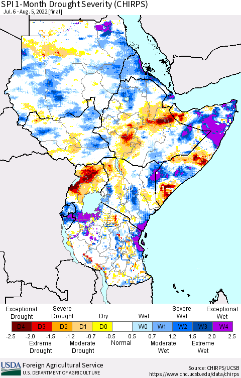 Eastern Africa SPI 1-Month Drought Severity (CHIRPS) Thematic Map For 7/6/2022 - 8/5/2022