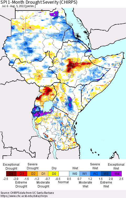 Eastern Africa SPI 1-Month Drought Severity (CHIRPS) Thematic Map For 7/6/2022 - 8/5/2022