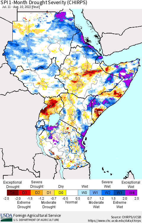 Eastern Africa SPI 1-Month Drought Severity (CHIRPS) Thematic Map For 7/11/2022 - 8/10/2022