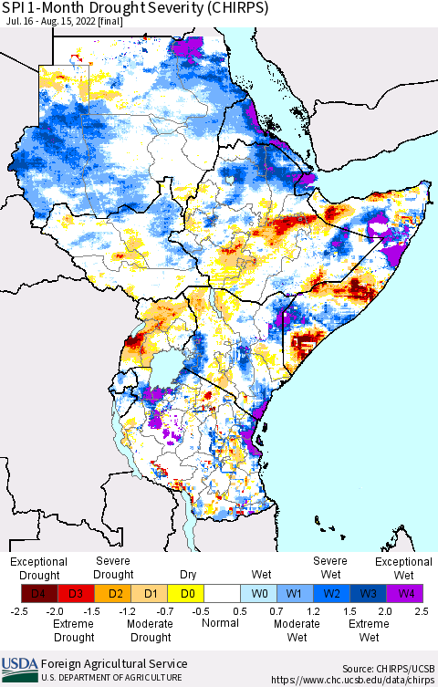 Eastern Africa SPI 1-Month Drought Severity (CHIRPS) Thematic Map For 7/16/2022 - 8/15/2022