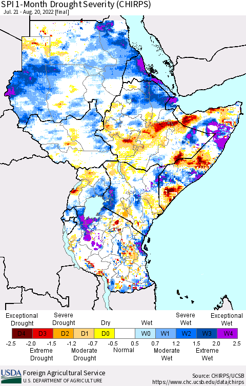 Eastern Africa SPI 1-Month Drought Severity (CHIRPS) Thematic Map For 7/21/2022 - 8/20/2022