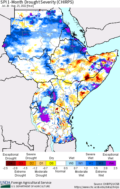 Eastern Africa SPI 1-Month Drought Severity (CHIRPS) Thematic Map For 7/26/2022 - 8/25/2022