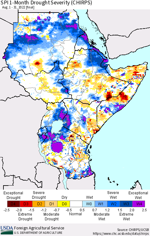 Eastern Africa SPI 1-Month Drought Severity (CHIRPS) Thematic Map For 8/1/2022 - 8/31/2022