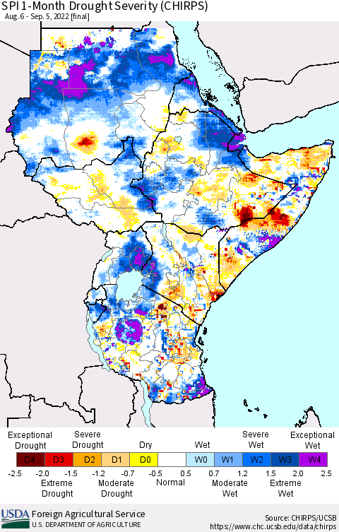 Eastern Africa SPI 1-Month Drought Severity (CHIRPS) Thematic Map For 8/6/2022 - 9/5/2022