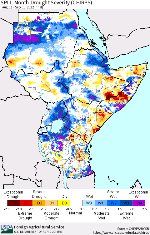 Eastern Africa SPI 1-Month Drought Severity (CHIRPS) Thematic Map For 8/11/2022 - 9/10/2022