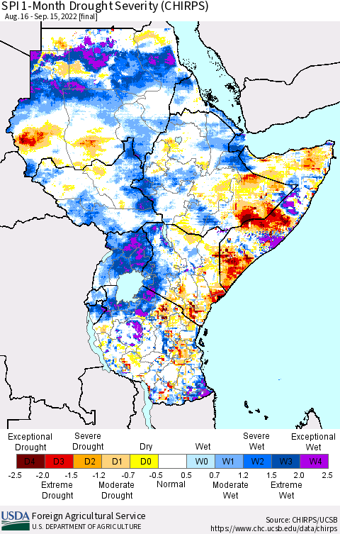 Eastern Africa SPI 1-Month Drought Severity (CHIRPS) Thematic Map For 8/16/2022 - 9/15/2022