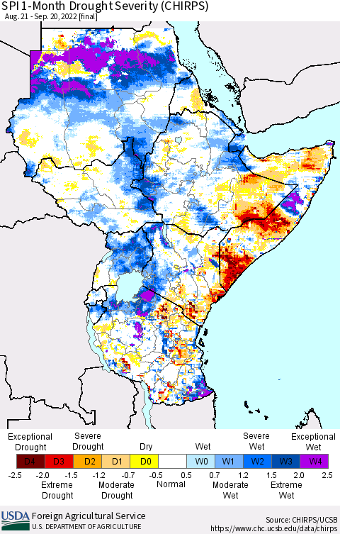 Eastern Africa SPI 1-Month Drought Severity (CHIRPS) Thematic Map For 8/21/2022 - 9/20/2022