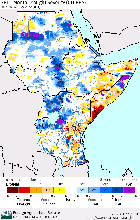 Eastern Africa SPI 1-Month Drought Severity (CHIRPS) Thematic Map For 8/26/2022 - 9/25/2022