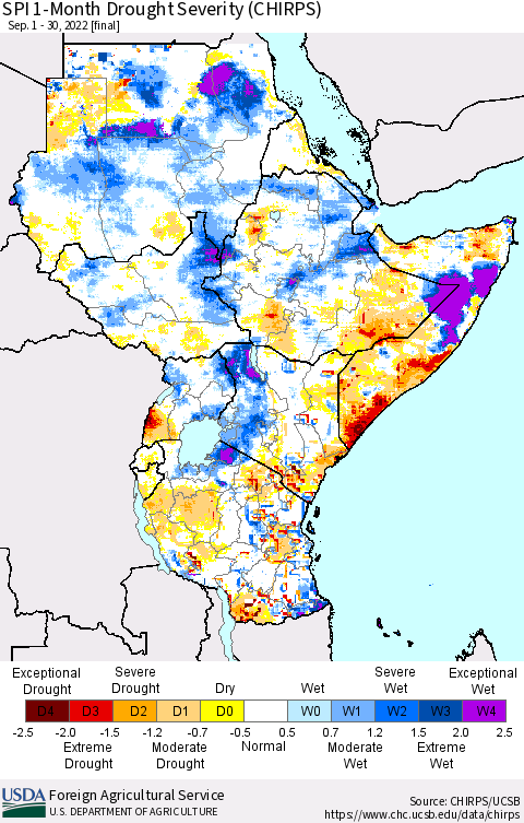 Eastern Africa SPI 1-Month Drought Severity (CHIRPS) Thematic Map For 9/1/2022 - 9/30/2022