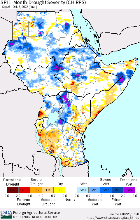 Eastern Africa SPI 1-Month Drought Severity (CHIRPS) Thematic Map For 9/6/2022 - 10/5/2022